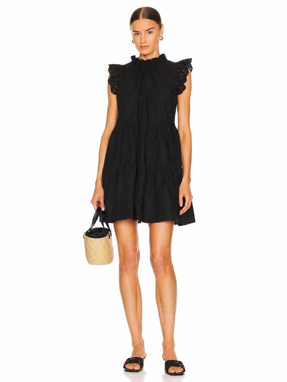 Cotton Eyelet Ruffle Sleeve Black Babydoll Mini Dress Cottagecore Tiered Poplin